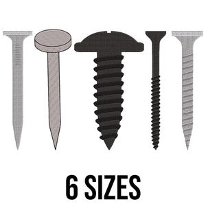 May include: An illustration of five different types of fasteners, including nails and screws, in shades of grey and black. The text "6 SIZES" is displayed in bold, black font below the fasteners, indicating size options.