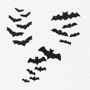 May include: A collection of black bat silhouettes in various sizes, arranged in a scattered pattern against a white textured background. The bats are depicted with their wings spread, creating a Halloween or spooky theme.