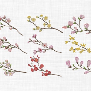 May include: A set of ten embroidered floral branch designs featuring various spring blossoms in pink, yellow, and red. The branches are depicted on a white linen background.