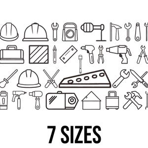 Peut inclure: Illustration en noir et blanc d'outils de construction, comprenant des casques de chantier, des clés, des perceuses et une boîte à outils. Le texte "7 TAILLES" est affiché en gras en bas de l'image.
