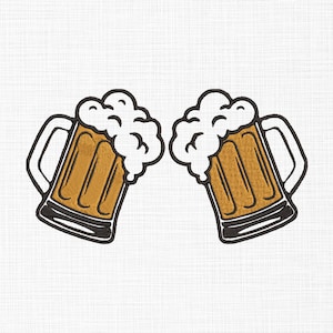 May include: Two cartoon beer mugs with foam on top, clinking together in a toast.
