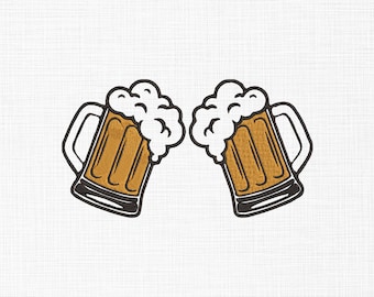 May include: Two cartoon beer mugs with foam on top, clinking together in a toast.