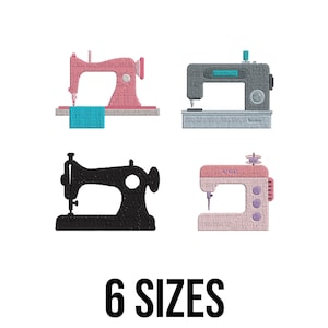 Könnte beinhalten: Vier farbenfrohe Nähmaschinen-Illustrationen in Rosa, Grau und Schwarz. Die Maschinen sind in verschiedenen Stilen gehalten, mit einem blauen Stoffstück unter einer. Der Text "6 SIZES" wird unten im Bild in fetter schwarzer Schrift angezeigt.