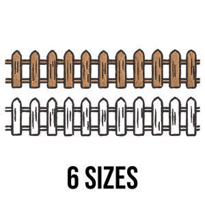 Peut inclure: Deux rangées de clôtures en bois, une brune et une blanche, avec le texte "6 SIZES" en dessous.