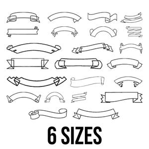May include: A collection of black and white banner illustrations in various shapes and styles. The image includes the text "6 SIZES" in a bold, black font, indicating the availability of different sizes for these design elements.