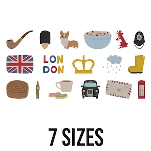 May include: A collection of colorful illustrations featuring iconic London symbols. Includes a Union Jack flag, a corgi, a red telephone booth, a black taxi, and the text "LONDON". The text "7 SIZES" is also displayed.