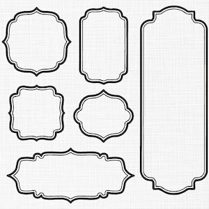 May include: A collection of six black and white decorative frames in various shapes and sizes. The frames have ornate, double-lined borders and are set against a textured white background. Ideal for crafting, scrapbooking, or design projects.