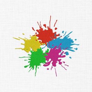 May include: Four colorful paint splatters on a white background. The splatters are red, yellow, green, and pink.