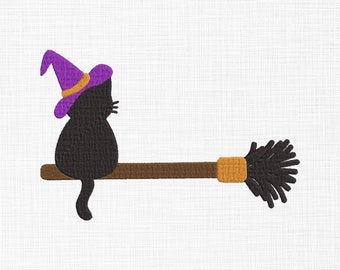 Cat in witch hat Embroidery Design Black cat on Broomstick Embroidery Design Halloween Embroidery Machine Embroidery 5 Sizes download