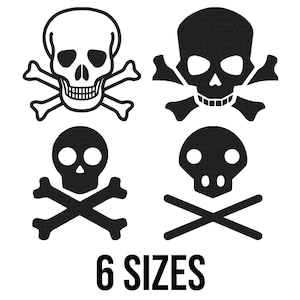 May include: Four black and white skull and crossbones designs. The skulls are in different styles. The text "6 SIZES" is below the designs.