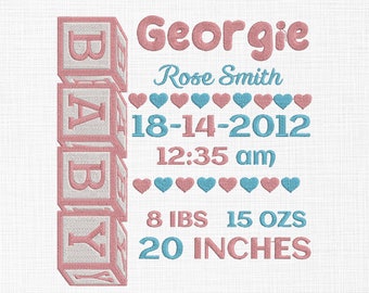 Birth Announcement Embroidery Design, Birth Template, Baby Feet, Machine Embroidery, Birth Stats, AM/PM, 4 Sizes, Instant Download