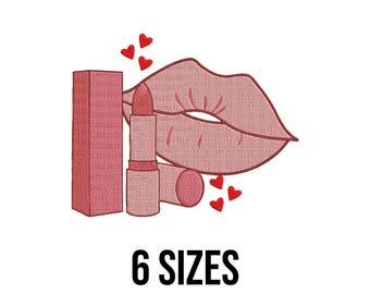 Lips and Lipstick Embroidery Design - Lips with Lipstick Embroidery Design - Makeup Embroidery - Machine Embroidery Design Files - 6 Sizes
