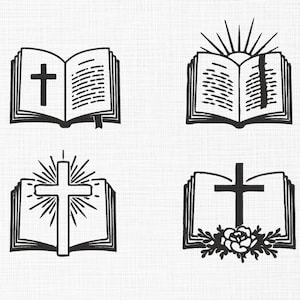 Puede incluir: Cuatro ilustraciones en blanco y negro de libros abiertos con cruces. La primera imagen muestra un libro con una cruz en la portada. La segunda imagen muestra un libro con un rayo de sol detrás. La tercera imagen muestra un libro con una cruz en el centro. La cuarta imagen muestra un libro con una cruz y flores.