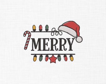 May include: A festive design with the word "MERRY" in bold black letters, accompanied by a candy cane, Santa hat, and string lights. The lights are in various colors, and a red star is in the center. The design is on a white background.