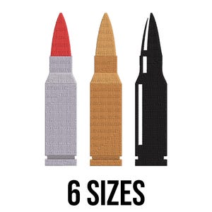 May include: Three stylized bullet illustrations in silver, tan, and black, each with a distinct design. The first has a red tip, the second a tan tip, and the third is a black silhouette. The text "6 SIZES" is displayed in bold black font below the bullets.