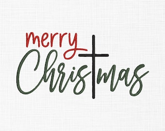 May include: A white background with the words "merry Christmas" in red and green script. A black cross replaces the letter "t" in Christmas. The image has a textured appearance.