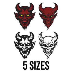 Könnte beinhalten: Vier Teufelskopf-Designs in Rot und Schwarz, jeweils mit Hörnern und einem bedrohlichen Ausdruck. Der Text "5 SIZES" wird in fetter, schwarzer Schrift darunter angezeigt, was auf Größenoptionen hinweist.