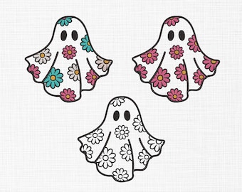 Floral Ghost Bundle Embroidery Design Cute Ghost Embroidery Design Halloween Machine Embroidery 6 sizes Digital Download