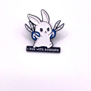 Running With Scissors Bunny  Enamel Pin/ Crochet Bag Brooch/ Knitting  and Yarn Bag Badge/ Sewing and Quilting Pin