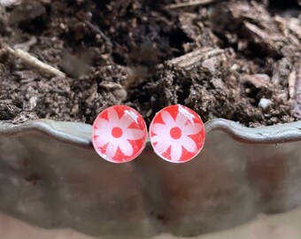 pink flower & red studs. small stud earrings. nickel free. repurposed. Vintage playing cards. gifts for her. minimalist. Garden inspired.