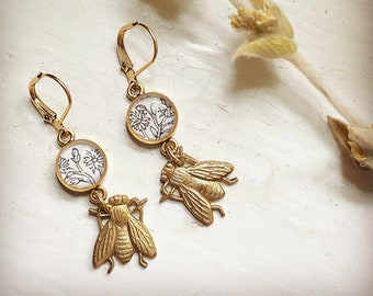 bee earrings. pollinators. vintage brass. mixed metals earrings. bee lovers. vintage style. gifts for nature lovers. garden inspired.