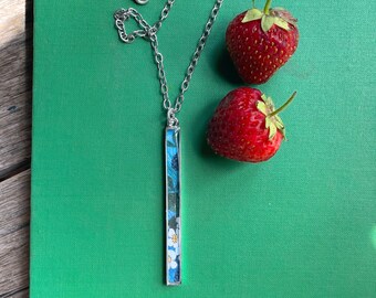 blackberry necklace. long slim rectangle pendant. blackberries. gifts for her. gifts for gardeners. summer jewelry. blue. layering necklace.