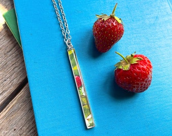 strawberry necklace. long slim rectangle pendant. strawberries. gifts for her. gifts for gardeners. summer jewelry. green. layering necklace