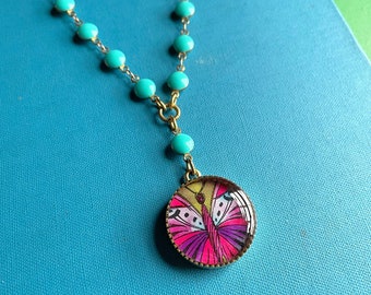 enamel turquoise coin necklace - gold butterfly, spring, gifts for her. nature lovers, valentines day gifts for mom. spring necklace