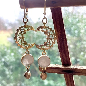 crescent moon drop earrings. vintage brass components. filigree. mixed metals earrings. funky jewelry. boho style. vintage style. boho vibe. image 1
