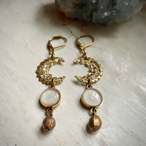 crescent moon drop earrings. vintage brass components. filigree. mixed metals earrings. funky jewelry. boho style. vintage style. boho vibe. image 2