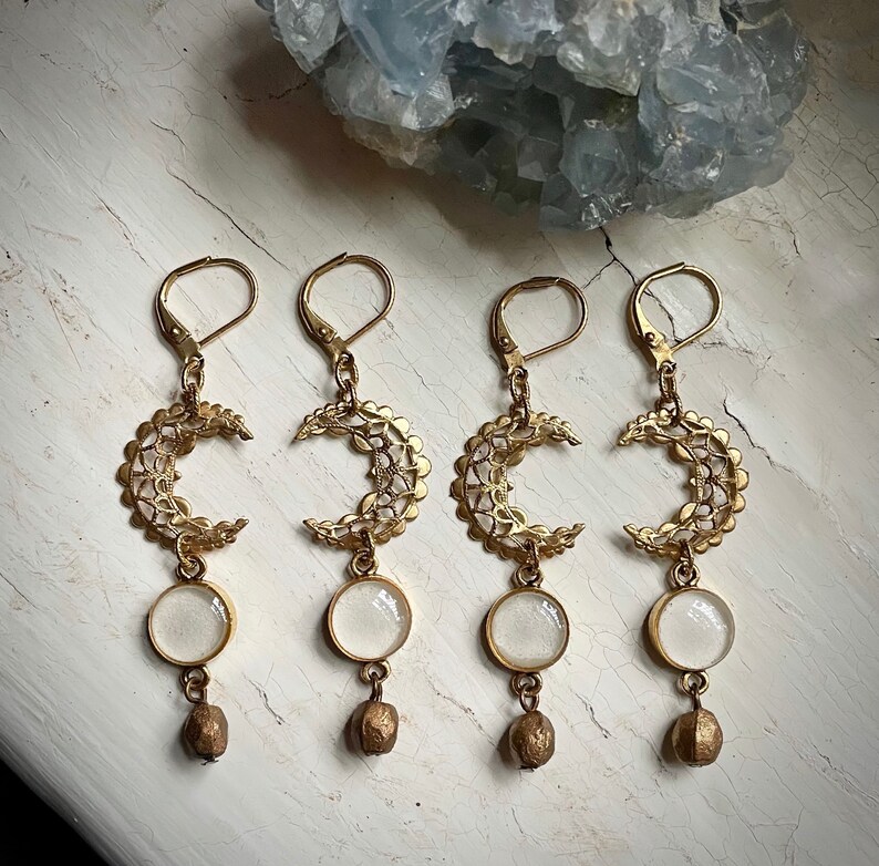 crescent moon drop earrings. vintage brass components. filigree. mixed metals earrings. funky jewelry. boho style. vintage style. boho vibe. image 3