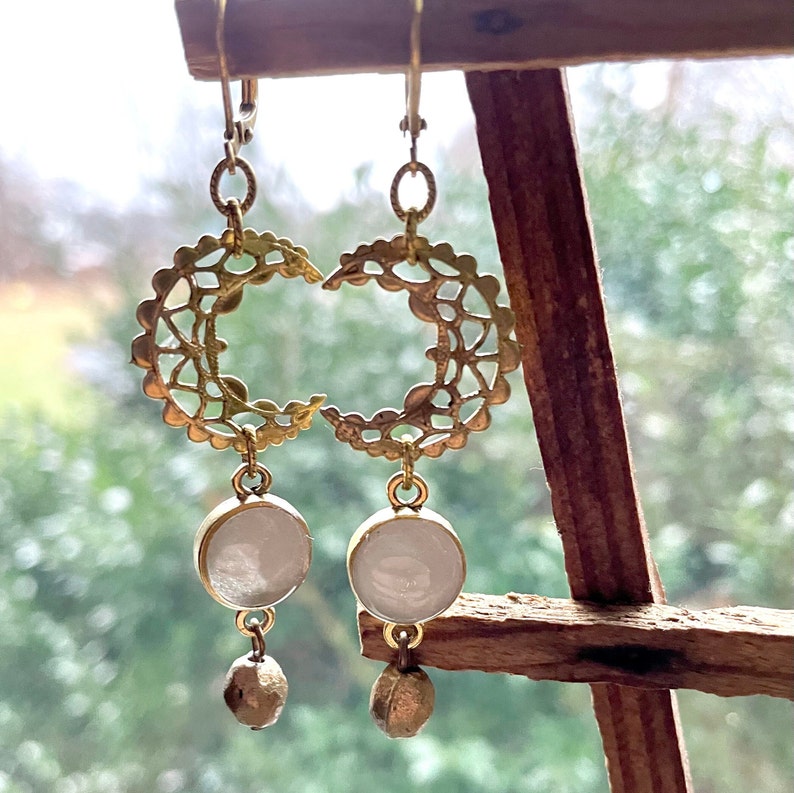 crescent moon drop earrings. vintage brass components. filigree. mixed metals earrings. funky jewelry. boho style. vintage style. boho vibe. image 1