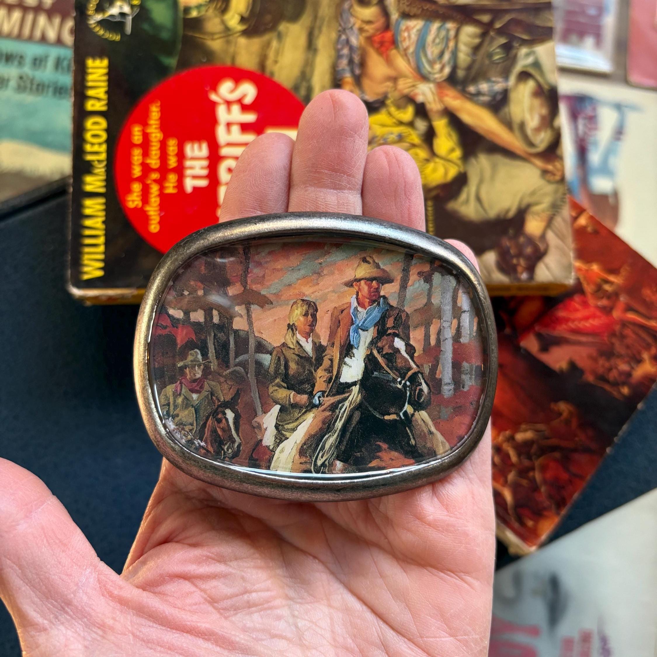 Repurposed Western Belt Buckle, Vintage Cowboy Pulp Art - Etsy display picture 2