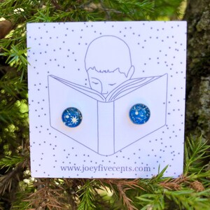 teeny stud earrings. stars. celestial details. blue and white. nickel free. night sky. constellations. minimalist. gifts that give back.