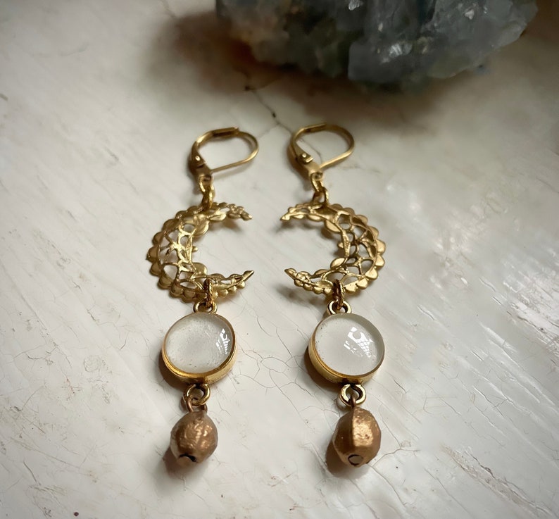 crescent moon drop earrings. vintage brass components. filigree. mixed metals earrings. funky jewelry. boho style. vintage style. boho vibe. image 2