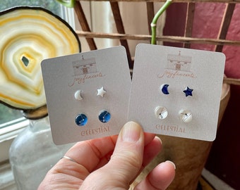 celestial duos. star. moon. astronomy studs. earring gift pack. nickel free. gifts for her. multiple piercings