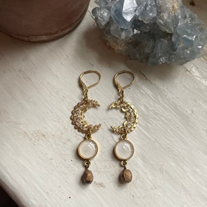 crescent moon drop earrings. vintage brass components. filigree. mixed metals earrings. funky jewelry. boho style. vintage style. boho vibe. image 4
