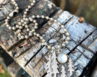 Full Moon Forest Necklace: Antiqued Silver Pine Tree Pendant