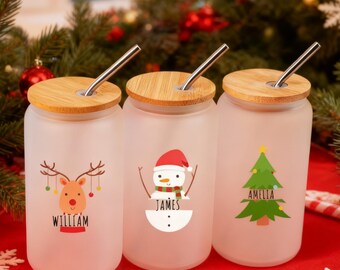 Christmas Glass Cup, Kids Christmas Water Bottle, Christmas Gifts for Kids, Custom Stocking Stuffers, Christmas Decor, Family Christmas Gift