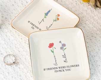 Personalized Jewelry Dish With Birth Flower - Ceramic Trinket Tray, Custom Name Gift For Women