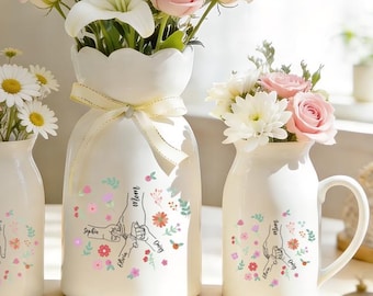 Personalized Nana Flower Kids Name Ceramic Vase, Holding Kid Hands Mom Grandma Vase, Mothers Day Gift for Grandma, Mama Nana Wildflower Vase