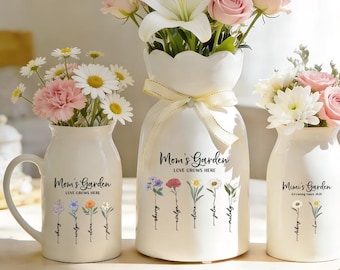 Personalised Grandma‘s Garden Vase, Birth Flowers Vase for Mom, Nana Floral Vase with Kids Name, Birthday Gifts for Nana, Mothers Day Gifts