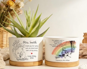 Custom Rainbow Flower Pot, Teacher Thank You Gift, Ceramic Succulent Planter Thank You For Helping Me Grow Teacher Appreciation Gift