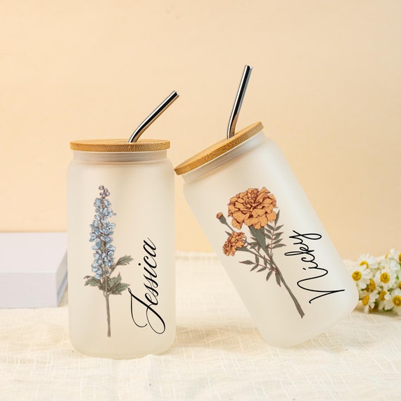 Personalized Glass Tumbler With Lid & Straw - Monogrammed Initial Cup Gift For Women, 16oz Iced Coffee Cup