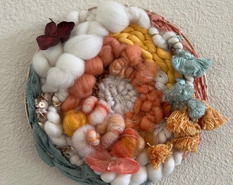 8” Hoop Art Weaving in Pastel Blue, Yellow, Peach, and Off-white