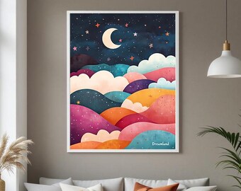 Night Sky Nursery Art: Moon, Stars, Colorful Clouds (Digital Download)