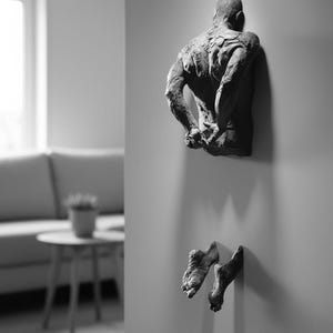 Könnte beinhalten: Schwarz-weiß Wandskulptur, die eine sitzende menschliche Figur darstellt, mit getrenntem Oberkörper und Beinen. Die Skulptur ist etwa 20 cm hoch, 15 cm breit und 8 cm tief. Moderner, künstlerischer Stil.