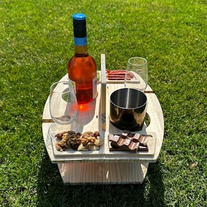 Housewarming Gift, Wine Wooden Portable Table, Outdoors Serving Picnic Tray, Folding Bed Table, Sommelier Wine Bottle Board