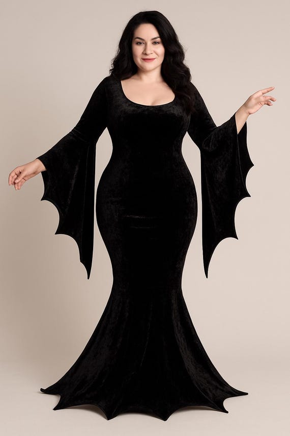 black bat sleeve dress Fishtail Gown, Wing Cosplay, Women's Occult Themed Halloween Party Outfit, Vintage Inspired Mermaid Gown With Bell Sleeves Neck Closure Type Web Collection: Civil Wedding Wedtrend Women Bridesmaids A Color:White/Silver