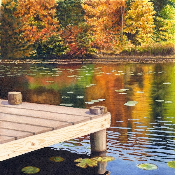 Autumn Lake Landscape Watercolor Painting Print by Cathy Hillegas, 11x14 watercolor lake art, autumn trees landscape, fathers day gift